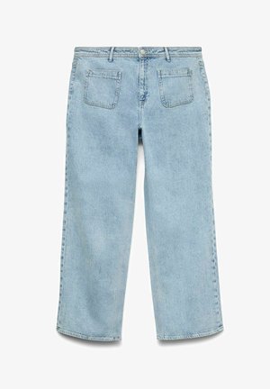 Heledad sinine teksapüksid sirge lõikega, nupuga kinnitamine ja kaks tagumist taskut, tekstuuri poolest faded viimistlusega.