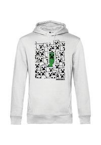 Felpa bianca con cappuccio caratterizzata da una stampa grafica di personaggi Creeper verdi su uno sfondo a blocchi in bianco e nero, con lacci e tasca a marsupio.