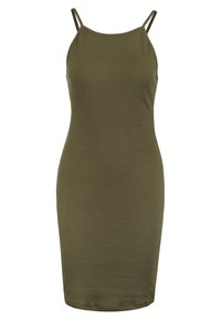 Olive green ribbed bodycon dress with narrow adjustable straps, mid-thigh length, and a smooth texture. Features a simple, form-fitting design.