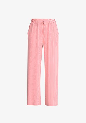 Relaxed-fit pants with red and white vertical stripes, elastic waistband with drawstring, and side pockets.