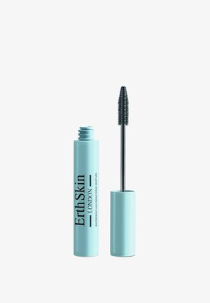 Light blue mascara tube with black text reading "ErthSkin LONDON." Contains black brush with bristles, designed for waterproof application.