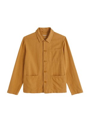 Meeste sinepikollane pruun nööpidega jakk kraega ja kolme esipakiga.