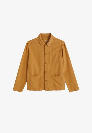 Herenjas in mosterdbruin met knopen, kraag en drie voorzakken.