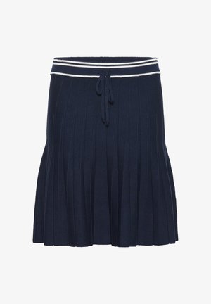 Kareizs jūras flotes svārki, kas izgatavoti no mīksta auduma, ar svītrainu elastīgu jostu un auklu. Dizains ietver vertikālus ribojumus un izplestu siluetu.