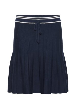 Falda plisada de color azul marino, hecha de tejido suave, con una cinturilla elástica a rayas y cordón de ajuste. El diseño incluye canalé vertical y silueta acampanada.