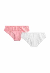 Två par underkläder: ett rosa och ett vitt, båda med spetsdetaljer längs midjan och en slät tygkropp.