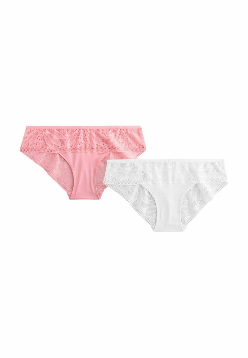Två par underkläder: ett rosa och ett vitt, båda med spetsdetaljer längs midjan och en slät tygkropp.