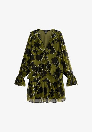 Groene bloemenjurk met lange mouwen, voorzien van zwarte bloemmotieven, gerimpelde halslijn en elastische manchetten. Gelaagd ontwerp met een uitlopende zoom.