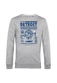 Felpa grigia con grafica retro del basket di Detroit in blu, personaggio di palla sorridente e testo "Dunking Downtown" e "Ball Player 1."