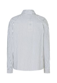 Striped long-sleeve shirt in white and black. Features a classic collar, buttoned cuffs, and vertical pinstripes. Smooth fabric texture.