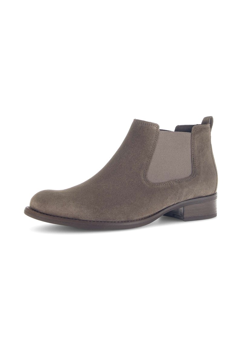 Bruine suède Chelsea-boot met elastische zijpanelen, ronde neus en lage gestapelde hak. Glad oppervlak met minimale stiksels.
