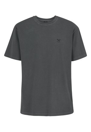 Dark gray short-sleeve cotton T-shirt with a small black crossed tools logo on the left chest.