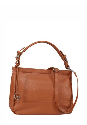 Braune Lederhandtasche mit strukturiertem Design, zwei Griffen und verstellbarem Schulterriemen. Besitzt eine strukturierte Oberfläche und silberne Hardware-Akzente.