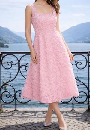 Mujer con vestido midi rosa sin mangas, con textura floral, y zapatos planos brillantes, de pie junto a una barandilla junto al lago con montañas de fondo.