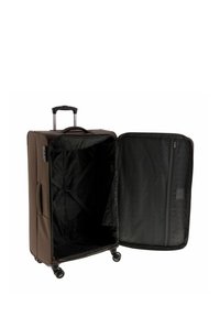 Brauner Koffer mit Rollen, ausziehbarem Griff, geräumigem Innenraum, schwarzem, gemustertem Innenfutter und einer Reißverschlusstasche innen zur Organisation.