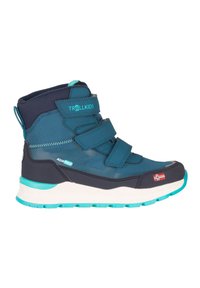 Children’s blue waterproof boot with three Velcro straps, thick white and turquoise sole, and Norwegian flag on toe.
