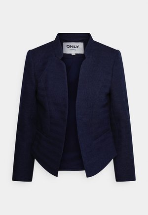 Donkerblauwe damesblazer met lange mouwen, open voorkant en subtiel chevronpatroon, gelabeld met "ONLY tailoring" binnen de kraag.
