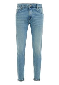 Světle modré džíny z denimu s úzkým střihem, vybavené knoflíkovým zapínáním, pěti kapsami a olemovanými nohavicemi. Tkanina má jemně strukturovaný povrch.