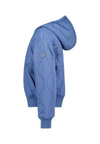 Blue quilted jacket with a hood, featuring ribbed cuffs and hem, side seams, and a logo patch on the left sleeve.