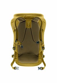 Gelber Stoff-Kindertrage mit gepolstertem Sitzbereich, verstellbaren Riemen und strukturiertem Rückenteil. Enthält ein Markenlogo und Clips.