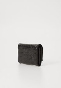 Black faux leather wallet with a crocodile texture, featuring a fold-over design and a smooth, shiny finish. Compact and rectangular shape.