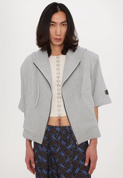 Gray short-sleeve hoodie with a zippered front and drawstrings. Features a smooth texture and relaxed fit, worn over a light, patterned top.