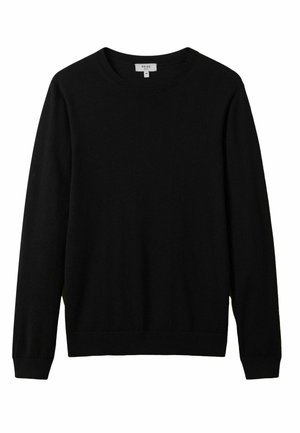 Černý svetr s kulatým výstřihem vyrobený z hladkého materiálu. Disponuje dlouhými rukávy, ribovanými manžetami a jednoduchým designem bez vzorů či ozdob.