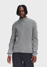 Man met kort gedraaid haar, gekleed in een grijze gebreide vest met rits en zwarte broek, staand tegen een effen lichte achtergrond.