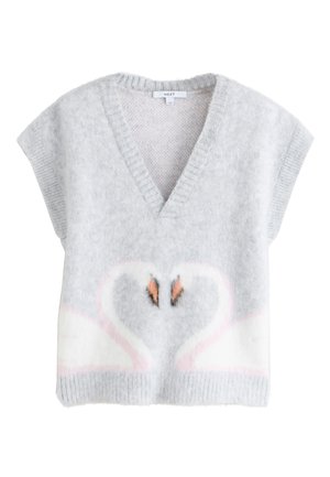Gilet in maglia grigio chiaro senza maniche con scollo a V profondo e due cigni bianchi frontali che formano un cuore.