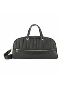 Borsa a tracolla nera trapuntata con hardware dorato e tracolla removibile. Presenta una tasca frontale con zip e un pannello inferiore testurizzato.