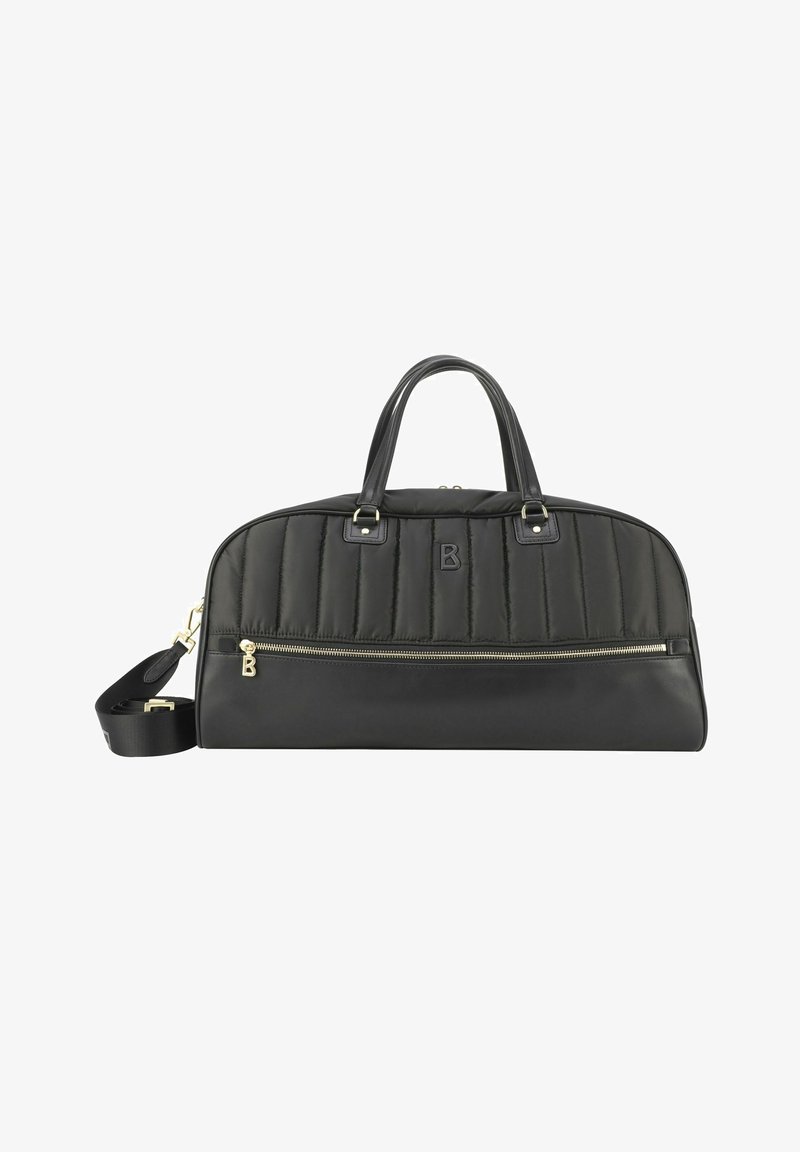 Borsa a tracolla nera trapuntata con hardware dorato e tracolla removibile. Presenta una tasca frontale con zip e un pannello inferiore testurizzato.