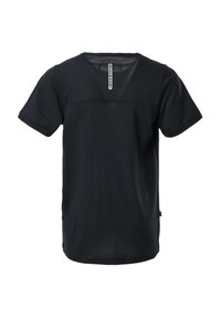 Μαύρο αθλητικό T-shirt με κοντά μανίκια, V-λαιμόκοψη και κατακόρυφη ετικέτα "Swedemount" στο άνω μέρος του στήθους σε λευκό φόντο.