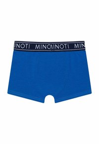 Caleçons en coton bleu avec une taille bleu marine portant le logo "MINOTI". Texture lisse, design ajusté et ouvertures des jambes finies par une couture.