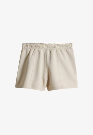 Šviesiai smėlio spalvos šortai su elastine juosta, pagaminti iš minkštos medžiagos, pasižymintys laisvu siluetu ir subtiliais siūlių akcentais priekyje.