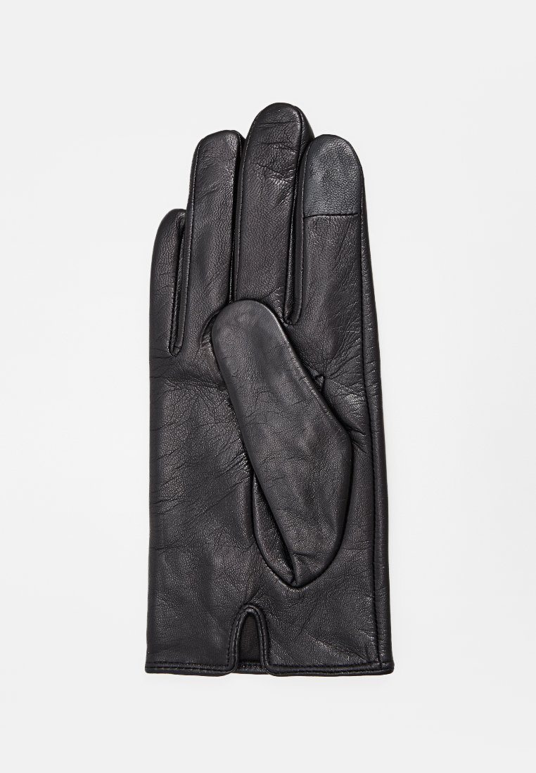 Schwarzer Lederhandschuh mit glatter Textur und passgenauer Form. Verfügt über fünf Finger, eine elegante Form und keine sichtbaren Verschlüsse oder Verzierungen.