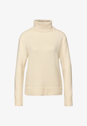 Norsunluunvalkoinen pooloneule, joka on valmistettu teksturoidusta neuloksesta, ja siinä on pitkät hihat sekä resorit kauluksessa ja helmassa.