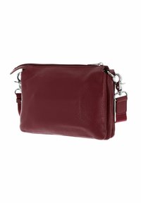 Rectangular maroon leather crossbody bag with textured surface, zippered top, and detachable strap with silver metal clasps.
