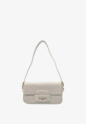 Borsa a tracolla in pelle bianca con chiusura a patta, dettagli in metallo color oro e tracolla regolabile.