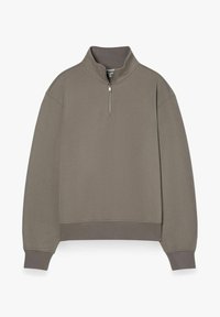 Grau zip-up Sweatshirt mit hohem Kragen, lockerer Passform, gerippten Bündchen und Saum, aus weichem Material, mit minimalistischem Design.