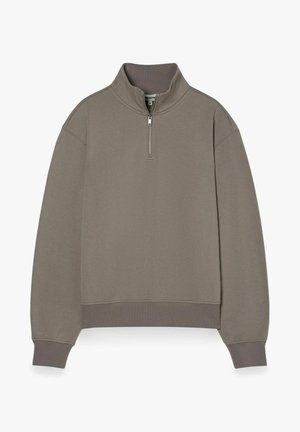 Gray zip-up sweatshirt with a high collar, relaxed fit, ribbed cuffs, and hem, made from soft fabric, featuring minimalistic design elements.