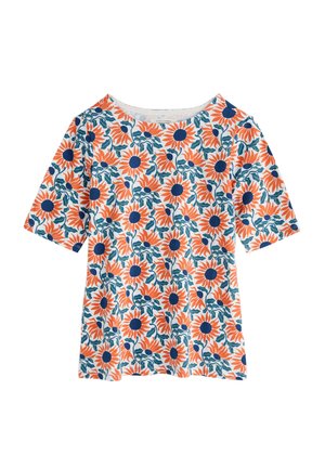 Gėlėta trumpomis rankovėmis palaidinė, puošta oranžinėmis ir tamsiai mėlynomis gėlėmis ant baltos fono. Minkšta medvilnės medžiaga, laisvas siluetas ir apvalus iškirpimas.