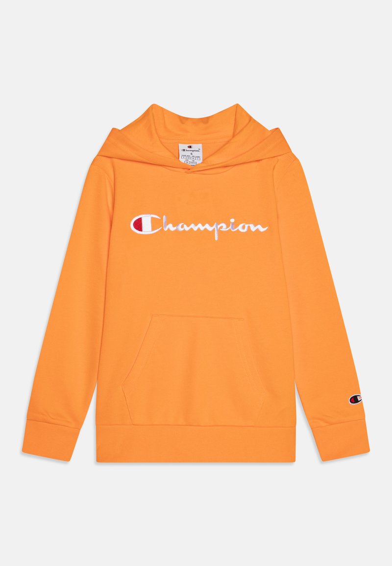 Sudadera naranja de algodón con un bolsillo frontal, que presenta un logotipo bordado de "Champion" en blanco en el pecho y el logotipo en la manga.