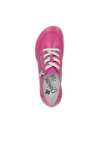 Bright pink sneaker made of smooth leather, featuring white laces and side zipper detail. Designed with a rounded toe and cushioned insole.