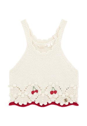 Cream crochet tank top with scalloped edge, featuring red trim, cherry embroidery, and decorative bobble accents. Brand tag visible at neckline.