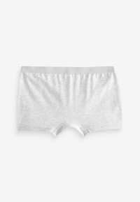 Graue Baumwollboxershorts mit einem weichen, elastischen Bund. Glatte Textur, ohne Muster, rechteckige Form und abgerundete Beinausschnitte.