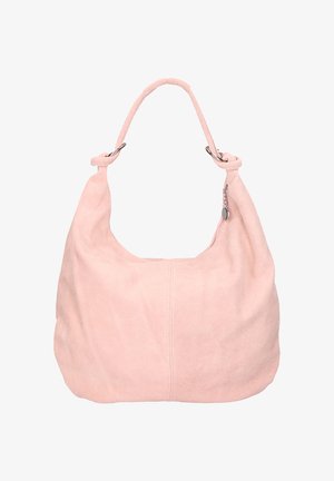 Sac bandoulière en daim rose avec une texture douce, une seule poignée et des accents de quincaillerie argentée. Présente une ligne cousue au centre.
