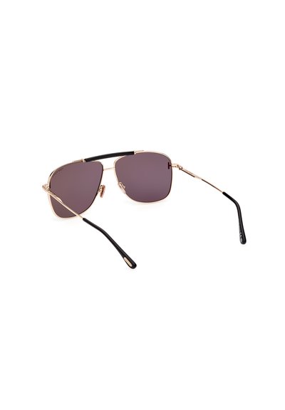 Gold metal sunglasses with square lenses, dark gray tint, and black rubber accents on the temples. Features slim metal arms and nose pads.