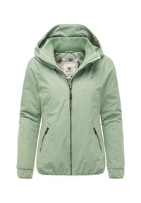 Light green zip-up jacket with a hood, two side pockets, elastic cuffs, and a textured fabric. Simple design with an embroidered logo.