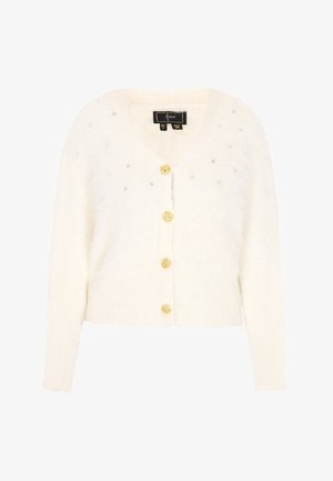 White fluffy cardigan with a cropped design, adorned with silver beads and golden buttons, featuring long sleeves and a v-neckline.