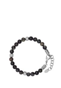 Braccialetto con perline composto da perle di pietra scure e multicolori, intervallate da accenti in argento texturizzato e una chiusura a catena per la regolazione.